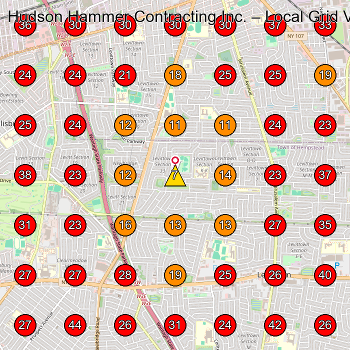 Hudson Hammer Contracting Inc. GeoGrid visibility map for General Contractor in Westbury